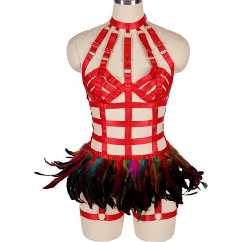 Sexy Full Bady Harness Bondage Set For Women Cage Bra Feather Skirt Gothic Garter Adjustable Bdsm Erotic Lingerie Dance Wear