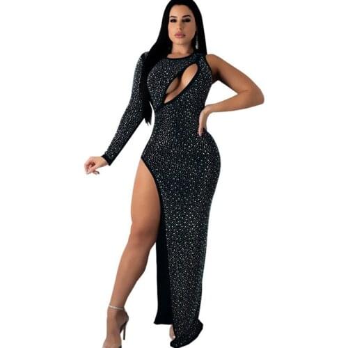 Rhinestone Sexy Celebrity Evening Sparkly Party Dresses Women One Shoulder Hollow Out Split Elegant Cocktail Bodycon Maxi Dress