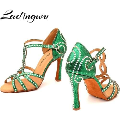 Ladingwu Women Latin Dance Shoes Green Flash Cloth Dance Shoes Lady Rhinestone Ballroom Salsa Tango Dance Shoes Professional