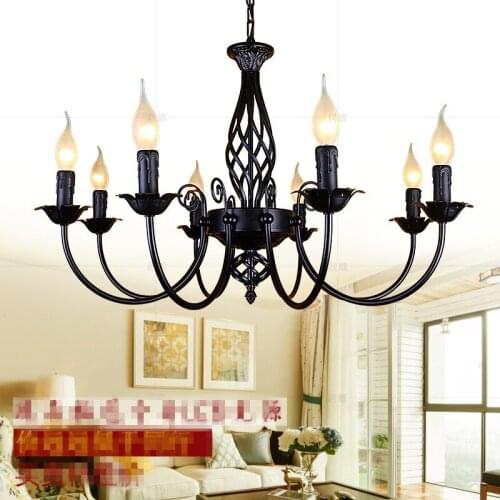 Vintage Wrought Iron Chandelier E14 Candle Light Lamp Black Metal Lighting Fixture