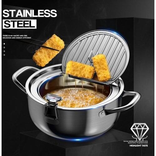 Waroom Lmssq Japanese Deep Frying Pot with a Thermometer and a Lid 304 Stainless Steel Kitchen Tempura Fryer Pan 20 24 cm