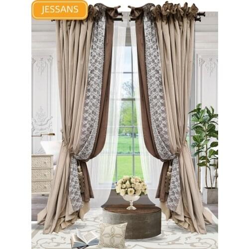 French High-grade Solid Color Flannel Lace Stitching Blackout Curtains for Living Room and Bedroom Customized Products