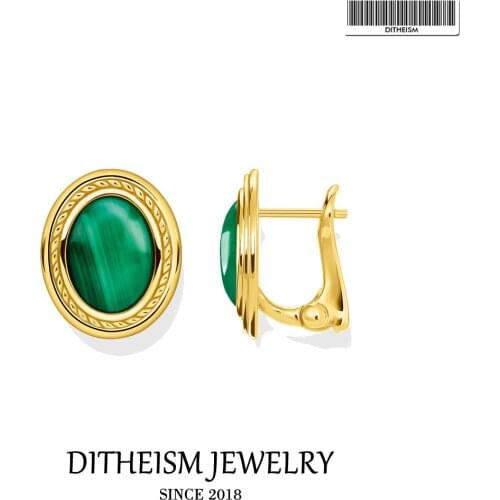 Green Oval Stone Golden Studs Earrings 925 Sterling Silver Europe Style Fashion Women Jewerly Vintage Bijoux Gift for Girlfriend