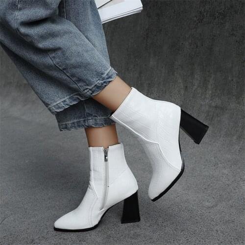New Ankle Boots Autumn Women Pointed Toe Leather Boots Zipper 2019 Fashion Shoes Ladies High Heels Short Plush Footwear