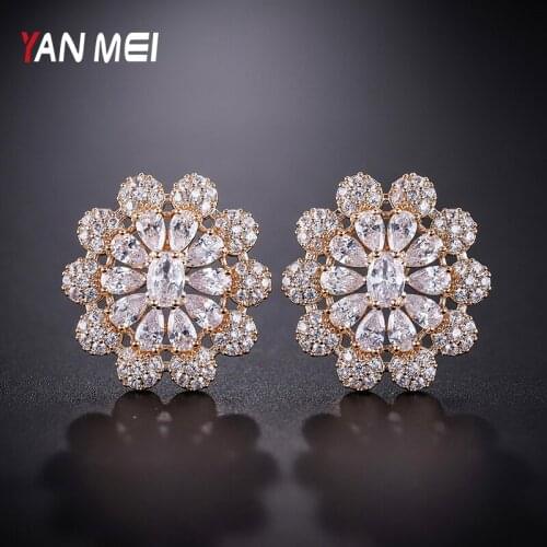YANMEI Flower Hollow Luxury Stud Earrings For Women Cublic Zircon Earring Fashion Jewelry YME9031