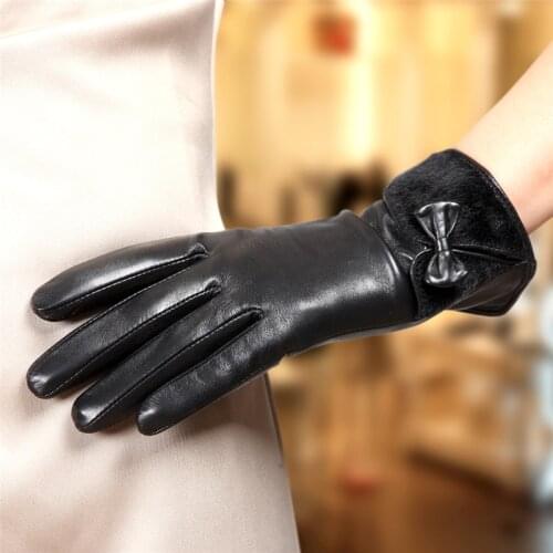 2020 New Womens Genuine Leather Gloves Female Autumn Winter 100% Lambskin Leather Gloves Plush Lined Wrist Bowknot L151NC-1