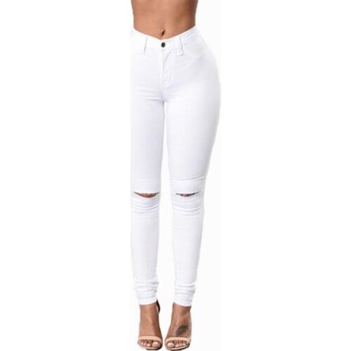White Skinny Jeans Woman With Holes Slim Pencil Denim Pants Ripped Jeans For Women High Waist Stretch Capris Ladies Jean Femme