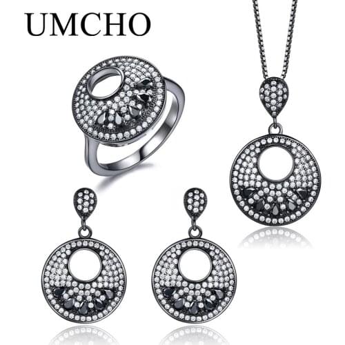 UMCHO Black Color Fine Jewelry 925 Sterling Silver Necklaces Drop Earrings Rings For Women Party Gift Jewelry Set