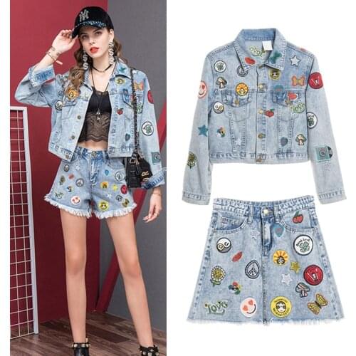 S-5XL 2 Pcs Women Spring Autumn Denim Embroidery Harajuku Coat Tops Appliques Oversized And Skirts Suits Clothing Sets SY044