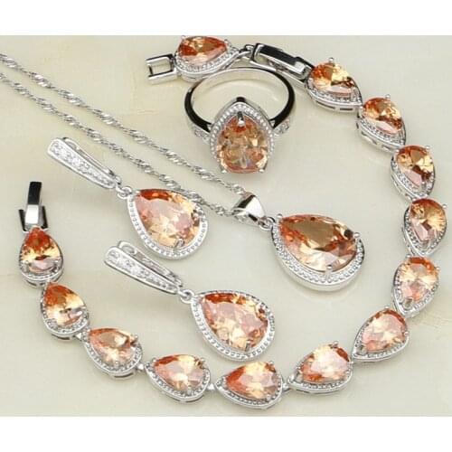 Champagne Cubic Zirconia White CZ 925 Sterling Silver Costume Jewelry Sets For Women Earring/Pendant/Necklace/Bracelet/Ring