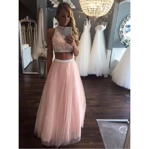 Pink Two Piece Prom Dresses Long 2021 Beaded Crystal vestidos de fiesta de noche Formal Women Even ing Dress Party Gowns