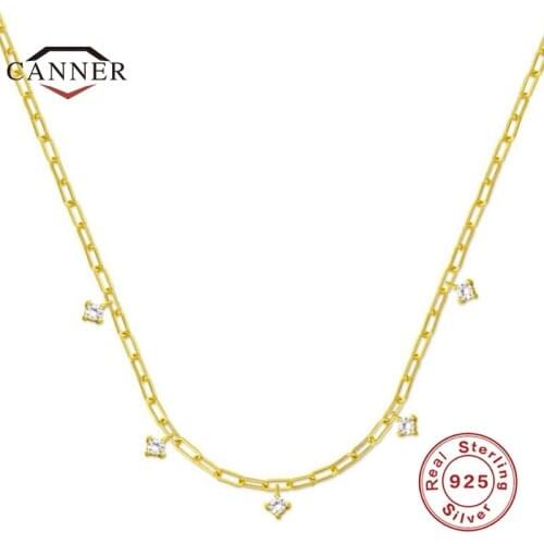 CANNER 925 Sterling Silver Fashion Paperclip Chain Four Diamonds Diamond Zircon Stacked Ladies Necklaces Fine Jewelry Collares