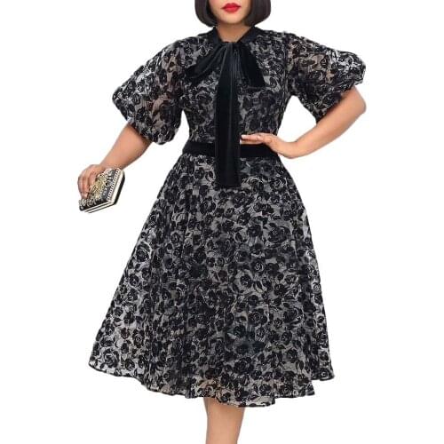 Woman Dress 2021 Spring Vintage Elegant Bow Tie Evening Party Dress Casual Plus Size Slim Floral Print Office Ball Gown Dresses