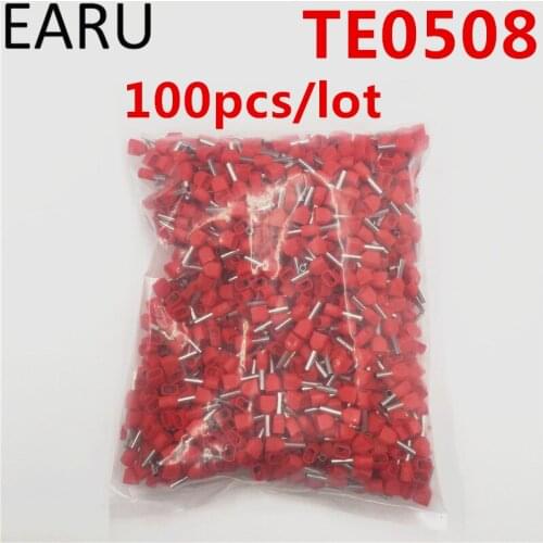 100PCS E Tube TE0508 Type Double Pipe Insulated Twin Cord Cold-press Terminal Block Connector Needle End Multicolor 2X0.5mm2