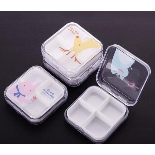 4 Slots Transparent First Aid Pill Storage Box Cute Cartoon Portable Empty Plastic Container Emergency Kits Box 6.5*6.5cm