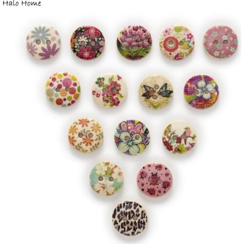 50pcs 2 Hole Mixed Print Flower Wood Buttons Home Sewing Craft Scrapbooking Clothing Decor DIY 18mm