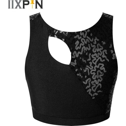 Girls Shiny Sequins Ballet Tops Kids Sleeveless Open Back Tank Dance Crop Top Stage Performance Modern Latin Jazz Dance Costumes
