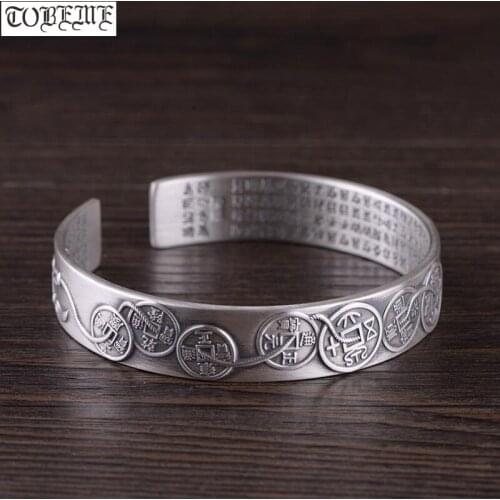 Handmade 100% 999 Silver Good Luck Bracelet Lucky Coin Symbols Bracelet Pure Silver Women Cuff Bracelet Buddhist Heart Sutra