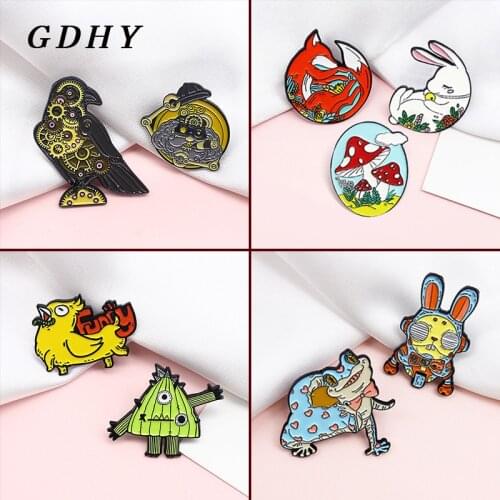 GDHY Machine Gear Crow Rabbit Fox Lizard Brooch Funny chicken Bird Monster Enamel Pins Forest Animal Badge Jewelry Gift for Kids