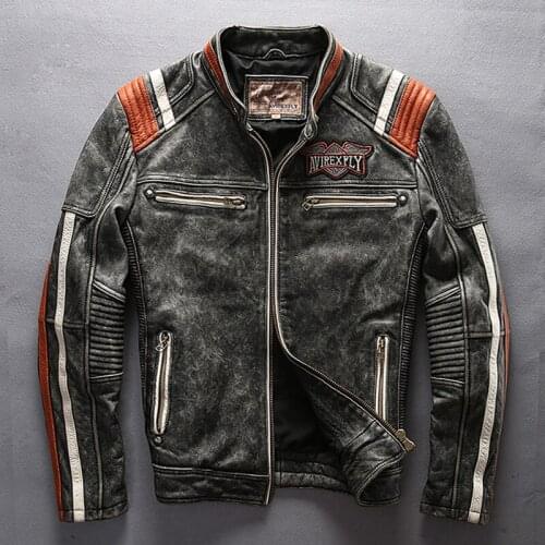 5 days arrival,Mens Motorcycle Rider Jacket Genuine Leather Vintage Coat Stand Collar Embroidery Cowhide Leather Jacket