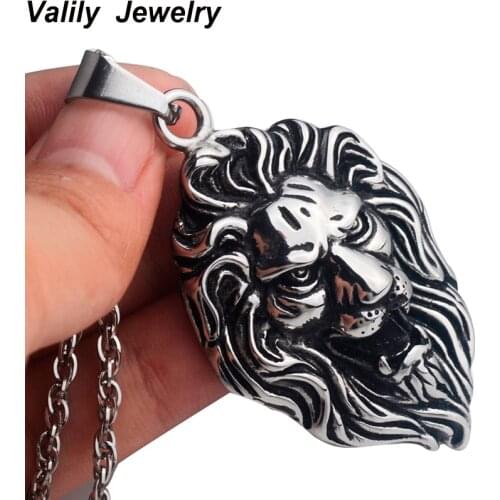 Mens Necklace Rock Punk Foundry Lion Head Charm Pendant Necklace 23" chain ,Stainless steel Balck Gothic jewelry