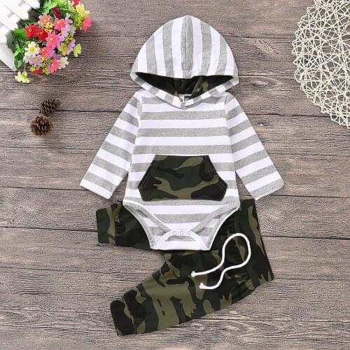 0-18M Autumn Winter Baby Boy Hooded Clothes Cotton Casual Kids Striped Tops+Camouflage Pants Outfits Set