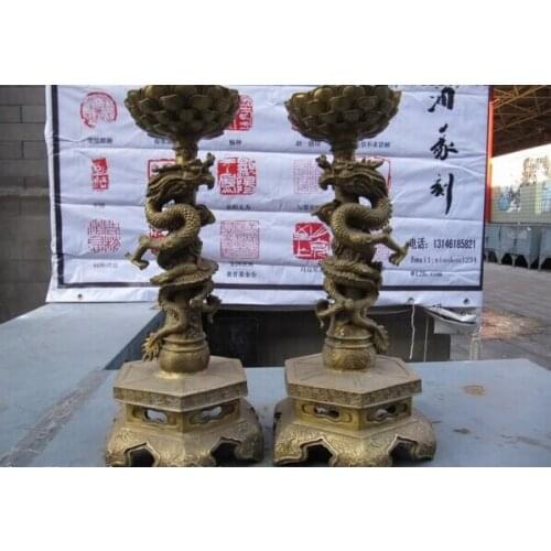 Song voge gem S1151 16 China Buddhism Brass Copper Two Dragon candler candlestick candleholder Pair