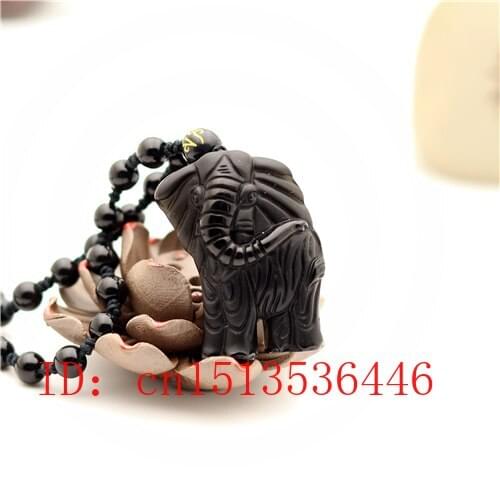 Natural Black Obsidian Elephant Pendant Beads Necklace Charm Jewellery Fashion Accessories Hand-Carved Amulet Gifts for Women