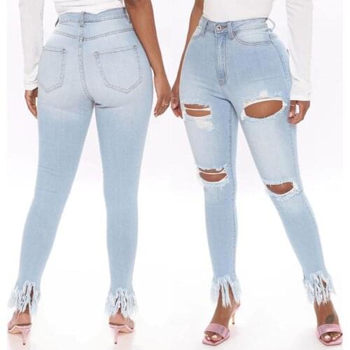 Ripped Jeans For Women High Waist Jeans Vintage Pencil Jeans With Holes High Waist Tassel Bottom Jean Denim Pants Trousers