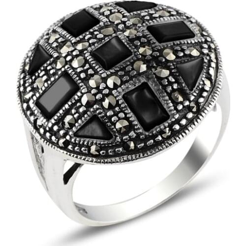 Silver 925 Sterling Onyx & Marcasite Ring