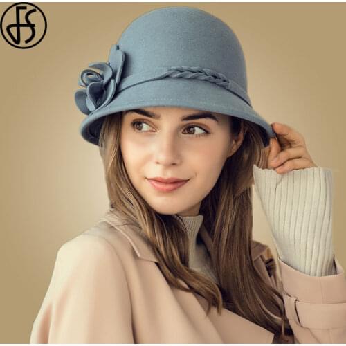 FS Pink Blue Fedoras Hats Women Ladies Winter Church Hats Elegant Big Flowers Wide Brim Fedora For Wedding Party Fedora Floppy