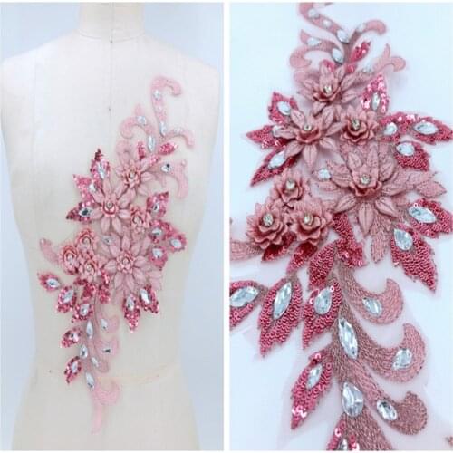 Three-dimensional flower dark pink lace applique with handsewing beads rhinestones trim patches 38*16cm for dress