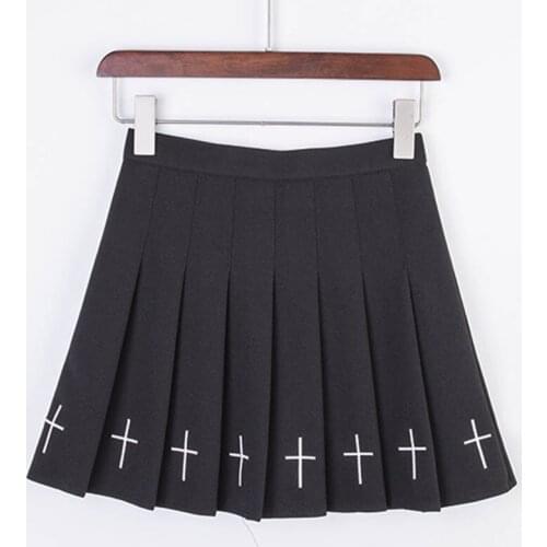Summer Gothic Girls Cross Embroidery Skirts Pleated Women High Waist Punk Mini Skirts Cross Female Black White Skirt