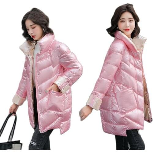 Stand Collar Womens Puffer Jackets Winter 2021 Medium Length Solid Parkas Female Winter Coat Loose Thick Cotton Padded Outwear