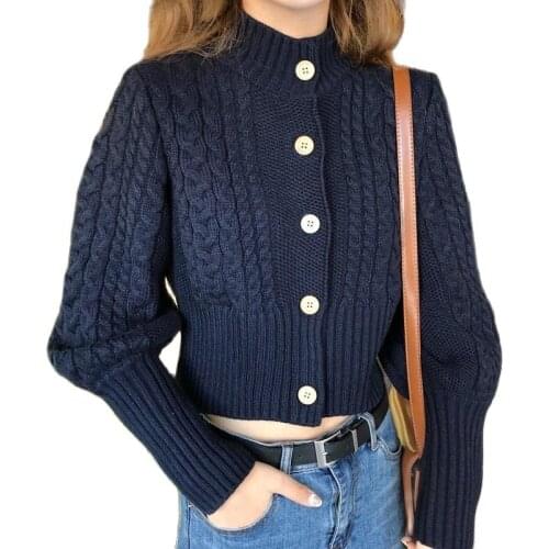 Autumn Spring Women Stretch TurtleNeck Full Sleeve Crop Cardigan Short Sweater Button Knitted Coat OutWear Brown Sweaters Slim