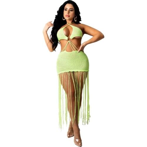 Summer Solid Knitted Long Tassel Dress Woman Lace Up Halter Backless Bra Cut Out Long Outfits Female Holiday Beach Vestidos
