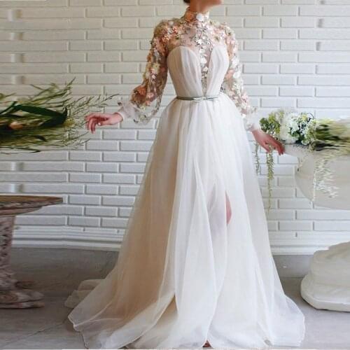 Elegant Flowers Prom Dresses Appliques Long Evening Dress High Collar White Full Sleeves High-Split Flowers Formal Party Gown