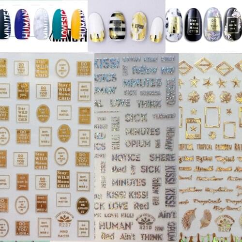 Gold 3D Nail Sticker Square Chinese Letter Nails Stickers Gradient Adhesive Leaf Tape Nail Foil Nail Art Stickers Decals Silver