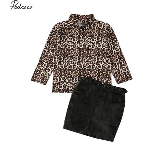 2020 Baby Spring Autumn Clothing Toddler Baby Kid Girl Clothes Leopard Tops Shirt + Ruffle Leather Skirt Long Sleeve Outfit Set