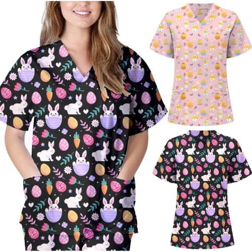 2021 Easter Women Short Sleeve V-neck Rabbit Pattern Tops Nursing Uniform T-shirts Medical Uniforms Summer Sexy Nurse Uniform