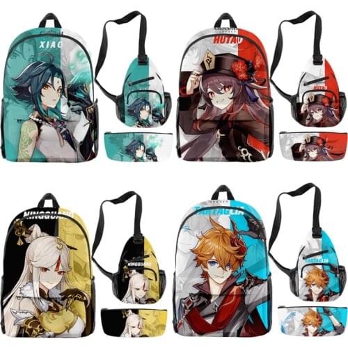 3pcs/Set Game Genshin Impact Cosplay Unisex Cartoon Backpack Schoolbag Shoulder Messenger Bag Pencil Case Travel Laptop Gifts