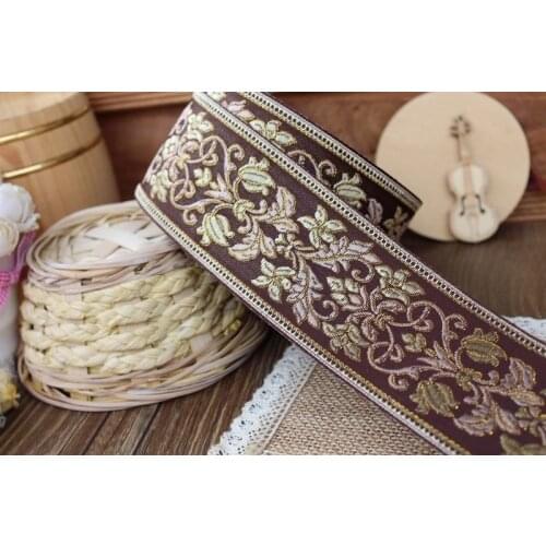 5yards/lot Woven Jacquard Ribbon Flowers Embroidered borwn color 5.7cm ls-0011