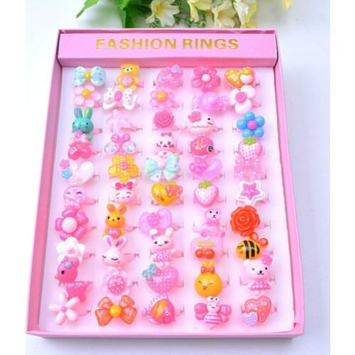 50 Pcs Cute Cartoon Rings Colorful Fingers Games for Girls Children Pretend Play Beauty Fashion Toys Birthday Party Gift