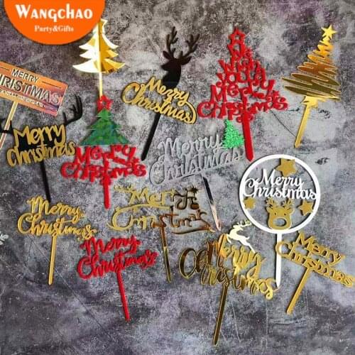 Acrylic Merry Christmas Tree Cake Topper Christmas Decorations for Home Happy New Year Tree Elk Xmas Party Decoration Supplies