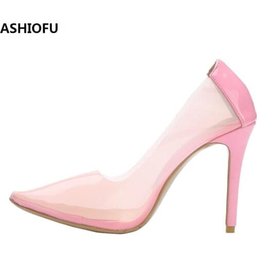 ASHIOFU 2020 New Real Photos Womens High Heel Pumps PVC Leather Slip-on Party Prom Dress Shoes Pointy Fashion Evening Pumps