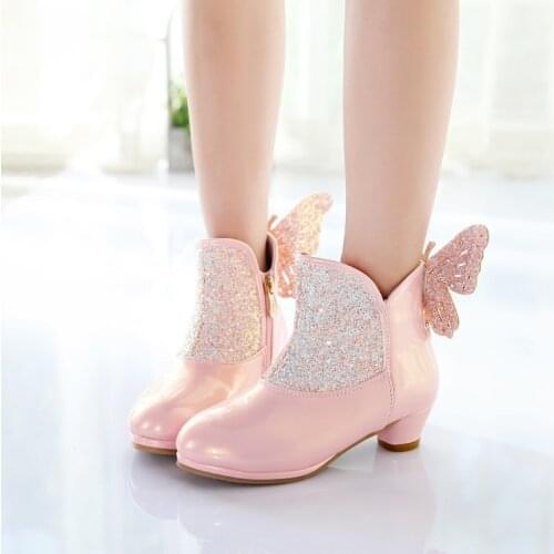 Girls boots fall/winter 2020 new big girls sweet high-heeled princess leather shoes children plus velvet short boots tide