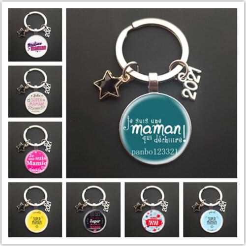 2020 French Super Maman Keychain Silver Color Glass Gems Metal Super Mom Key Ring Holder Mothers Gift