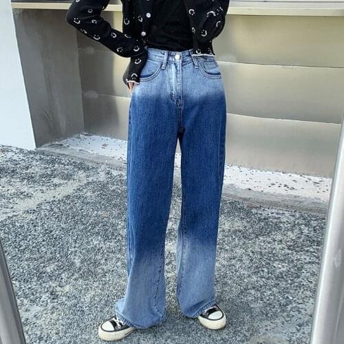 Gradient Color Straight Jeans Womens Pants High Waist Wide Leg Jeans Trousers Blue Streetwear Vintage Quality Harajuku Trouser
