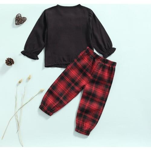 Infant Kids Baby Girl’s T-shirt and Trousers Suit Fashion Solid Color Ruffles Long Sleeve Tops Plaid Long Pants 2021 New Fashion
