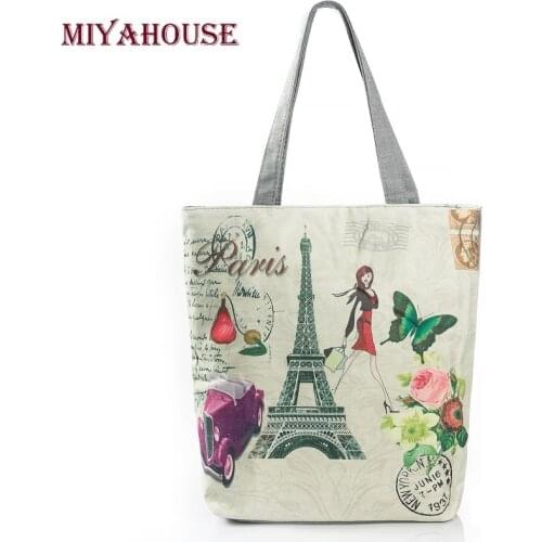 Miyahouse Women Canvas Beach Bag Paris Tower Printed Female Shoulder Bags For Girls Single Shopping Bag Top-Handle Bags Bolsa